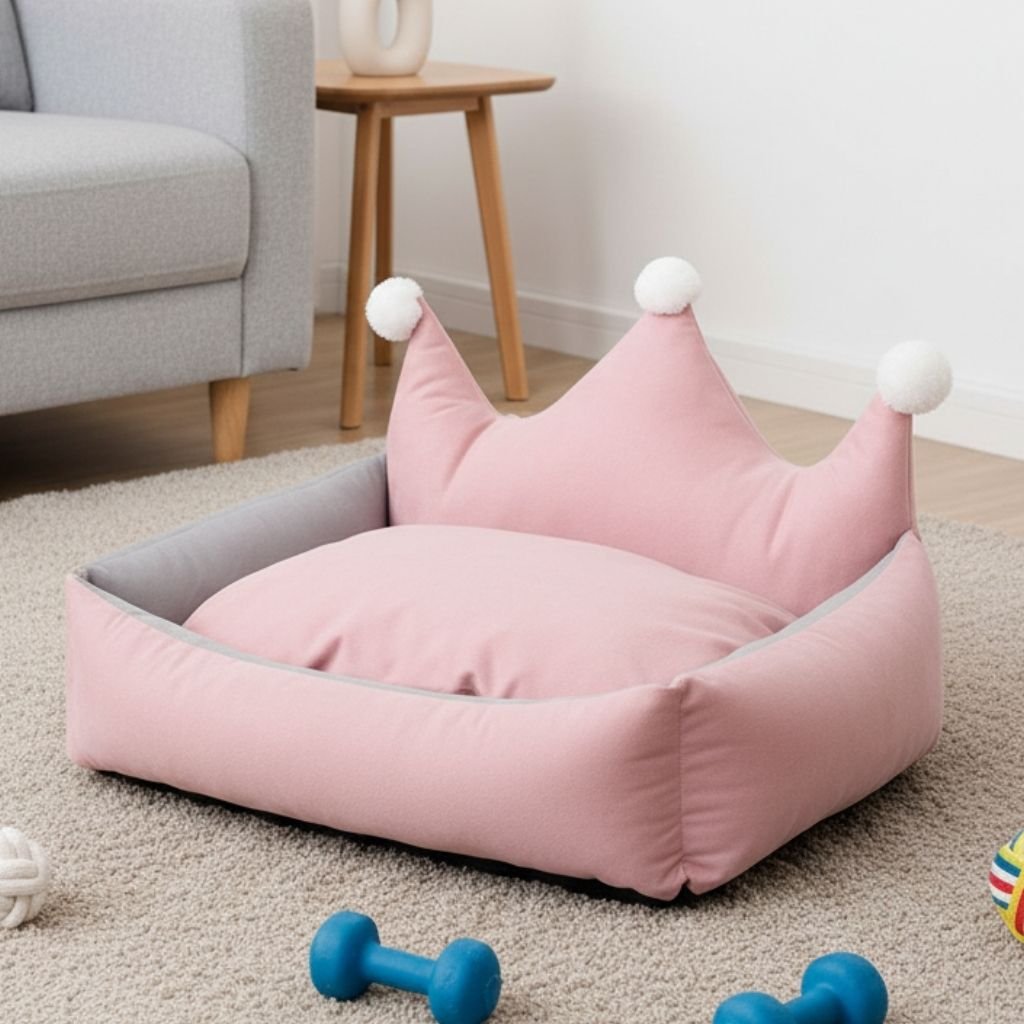 Leo Crown Dog Bed — Suede & Crystal Velvet with High Bolster Sides, S–XL