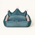 Leo Crown Dog Bed — Suede & Crystal Velvet with High Bolster Sides, S–XL