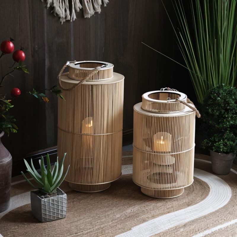 Imitation Bamboo Lantern with Flameless LED Candle — 12" Indoor/Outdoor Decor