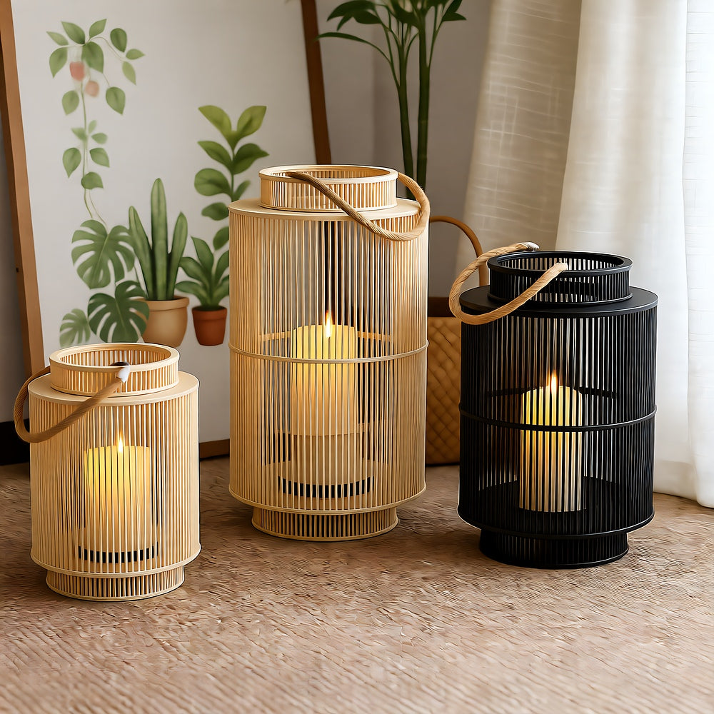 Imitation Bamboo Lantern with Flameless LED Candle — 12" Indoor/Outdoor Decor