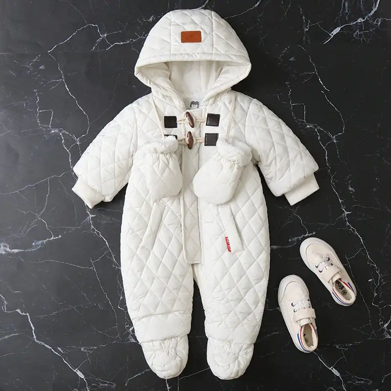 Baby Winter Snowsuit — Fleece-Lined Cotton with Hood & Removable Mittens, Newborn to 24 Months