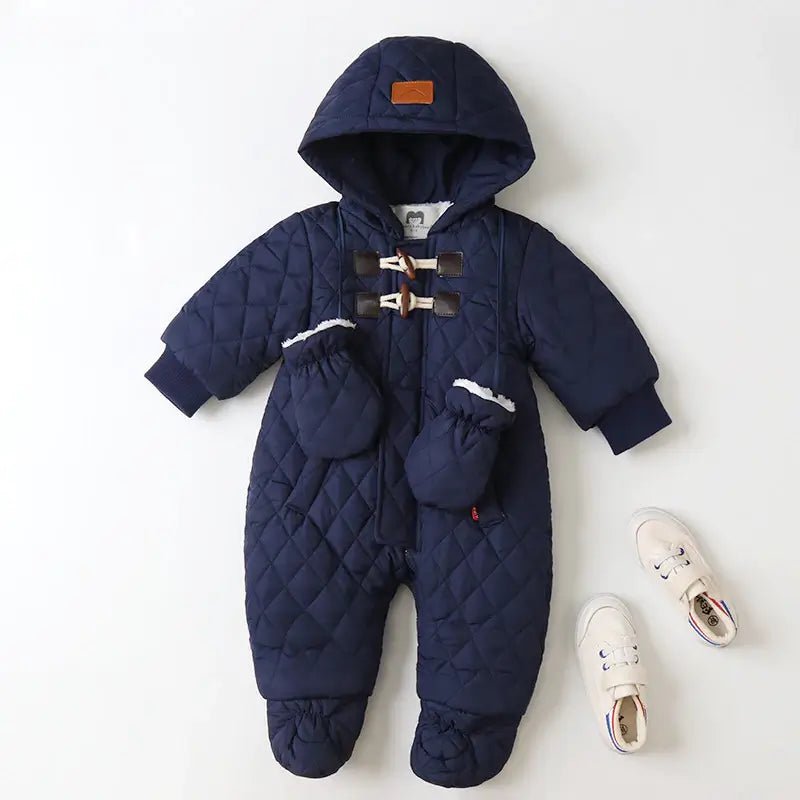 Baby Winter Snowsuit — Fleece-Lined Cotton with Hood & Removable Mittens, Newborn to 24 Months