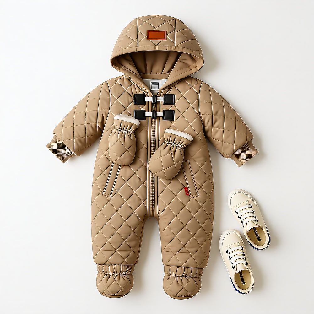 Baby Winter Snowsuit — Fleece-Lined Cotton with Hood & Removable Mittens, Newborn to 24 Months