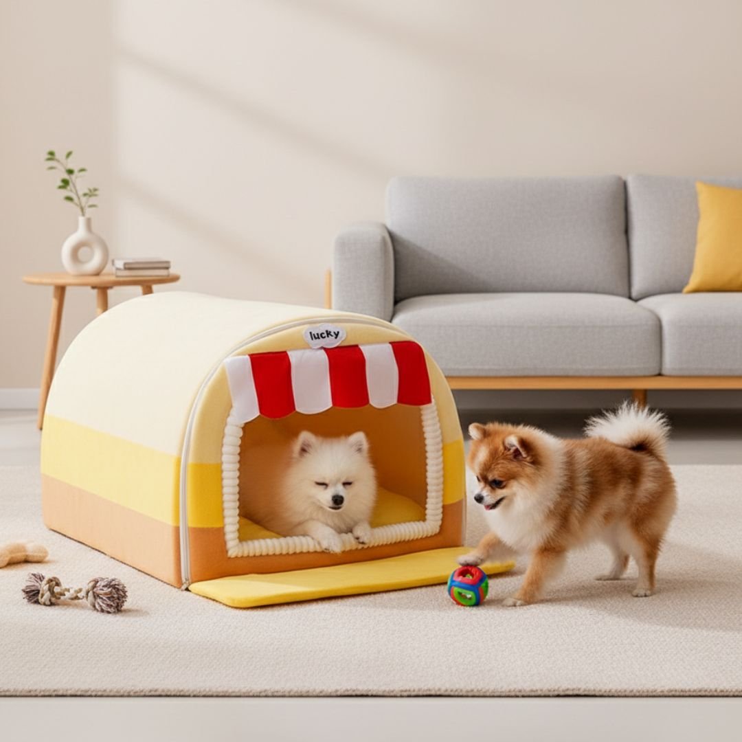 Hippie Painted Pet House — Curved Plush Retreat with Removable Cushion, S–3XL