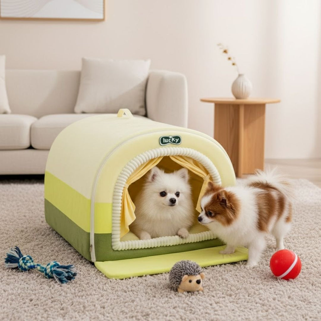 Hippie Painted Pet House — Curved Plush Retreat with Removable Cushion, S–3XL