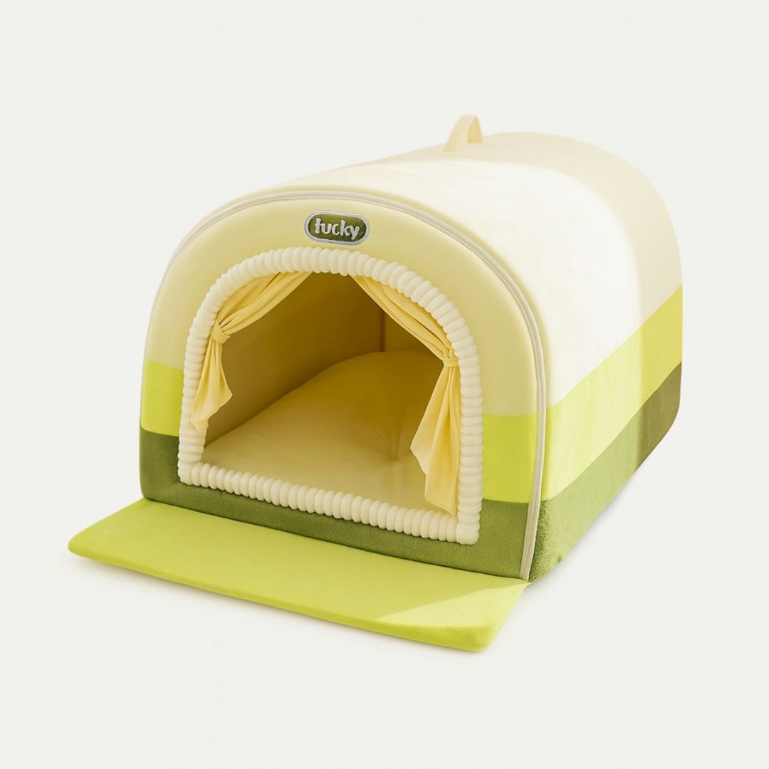 Hippie Painted Pet House — Curved Plush Retreat with Removable Cushion, S–3XL