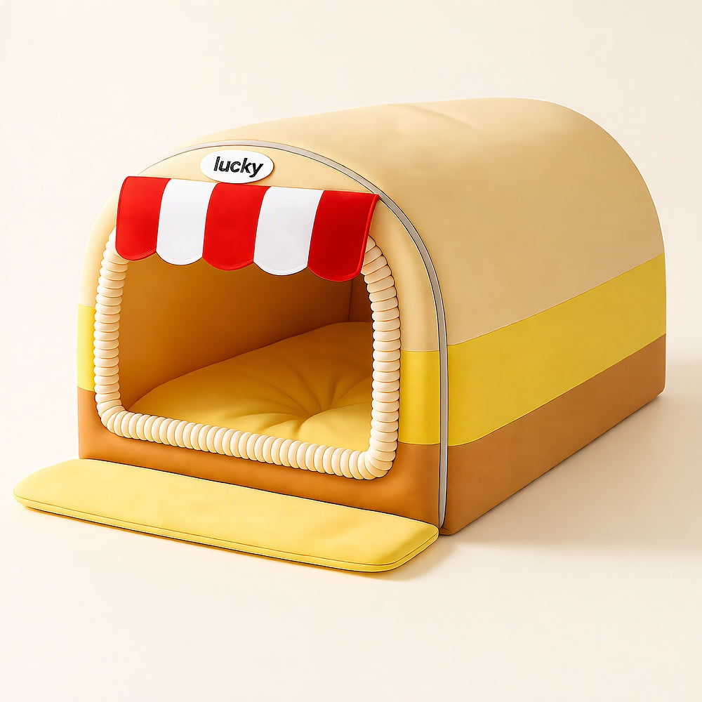 Hippie Painted Pet House — Curved Plush Retreat with Removable Cushion, S–3XL
