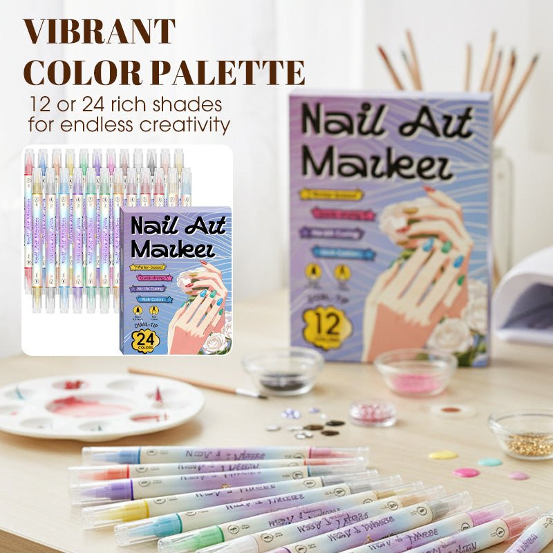Dual-Tip Nail Art Markers — Quick-Dry Water-Based Pens, No UV Lamp Needed, 12 or 24 Colors