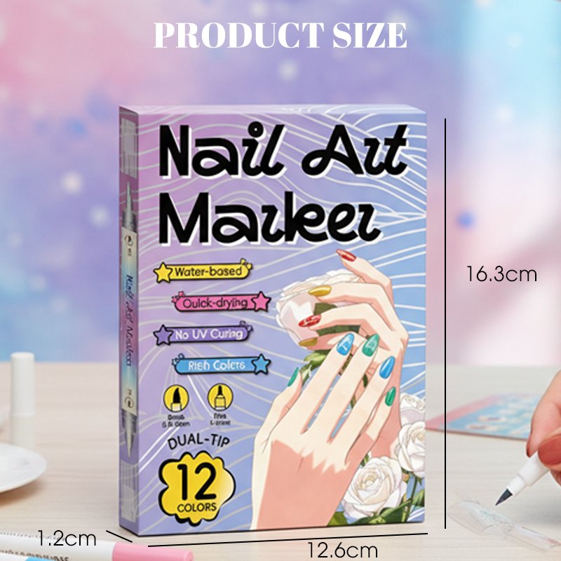 Dual-Tip Nail Art Markers — Quick-Dry Water-Based Pens, No UV Lamp Needed, 12 or 24 Colors