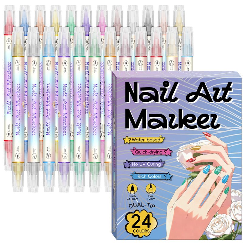Dual-Tip Nail Art Markers — Quick-Dry Water-Based Pens, No UV Lamp Needed, 12 or 24 Colors