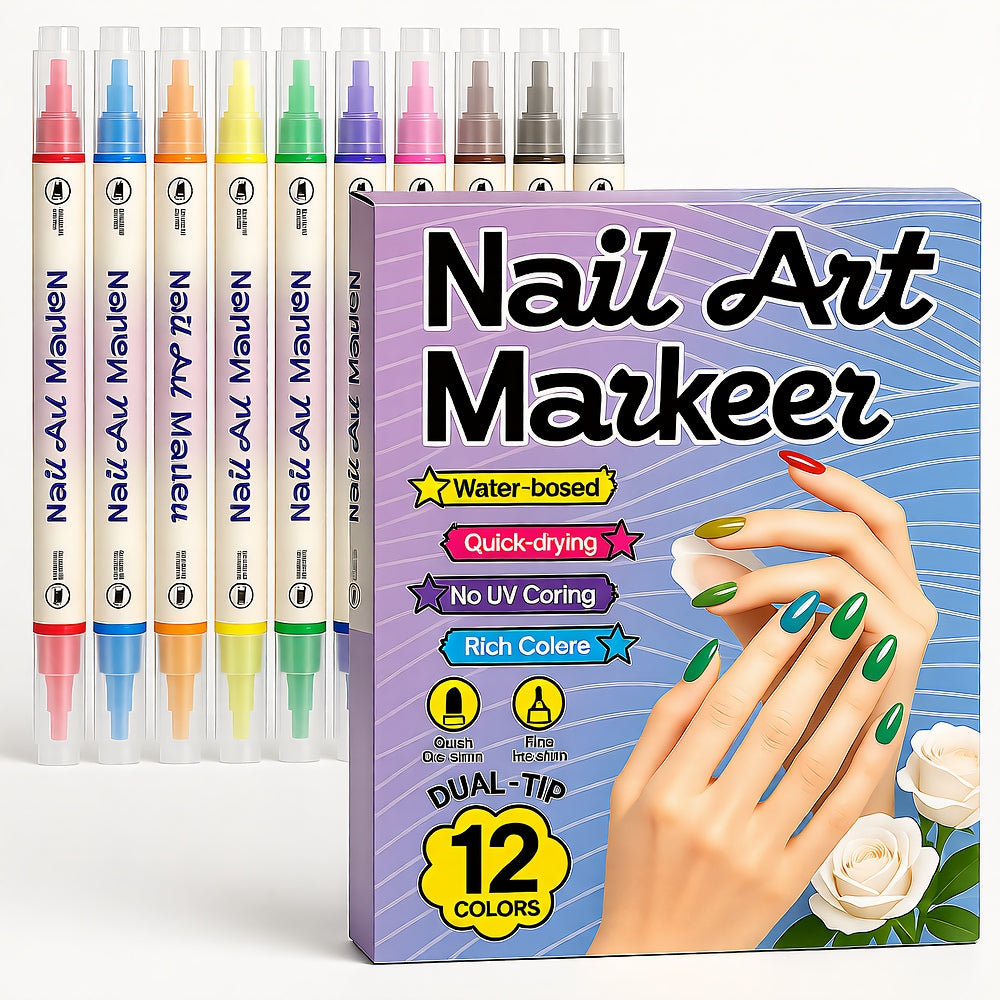 Dual-Tip Nail Art Markers — Quick-Dry Water-Based Pens, No UV Lamp Needed, 12 or 24 Colors