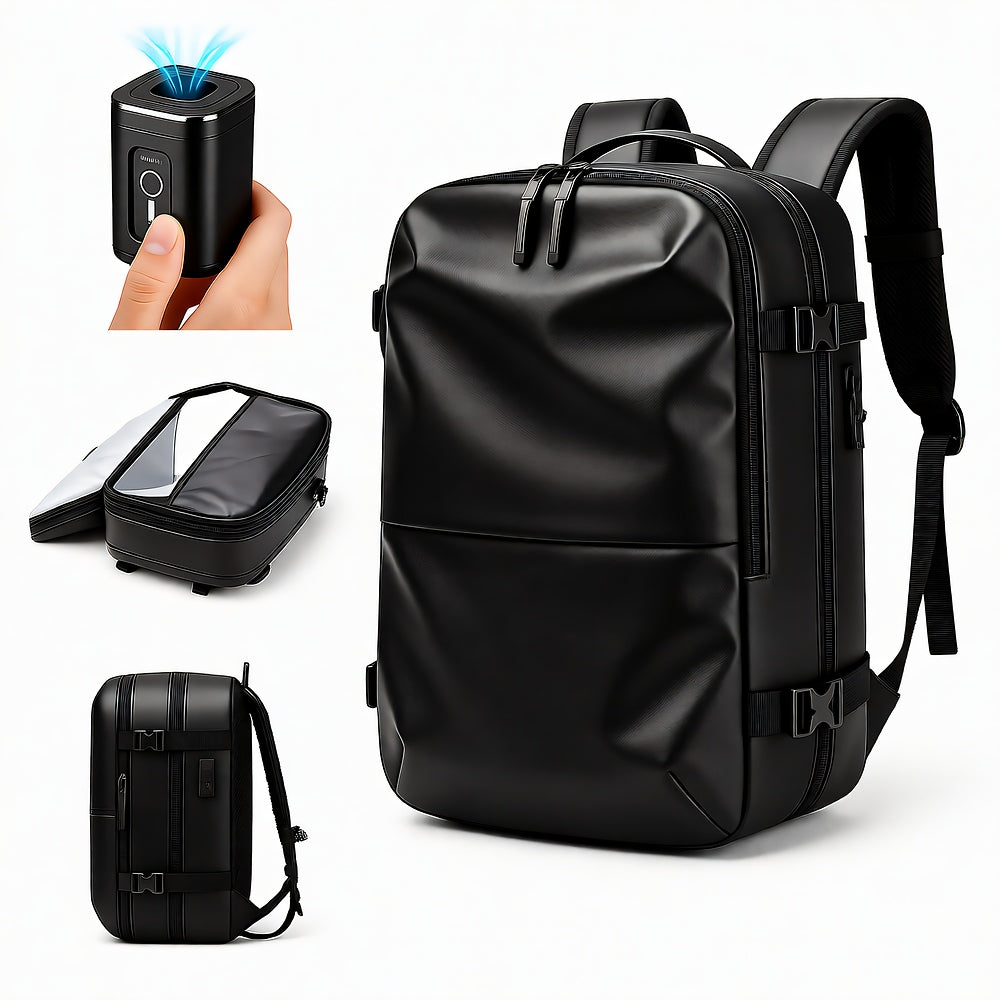 Vacuum Compression Travel Backpack — Water-Resistant Oxford, Anti-Theft Lock, Fits 17" Laptop