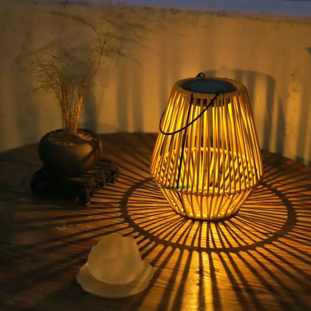 Woven Solar Lantern — Rustic Wicker-Look LED with Metal Accents, Dusk-to-Dawn, IP54
