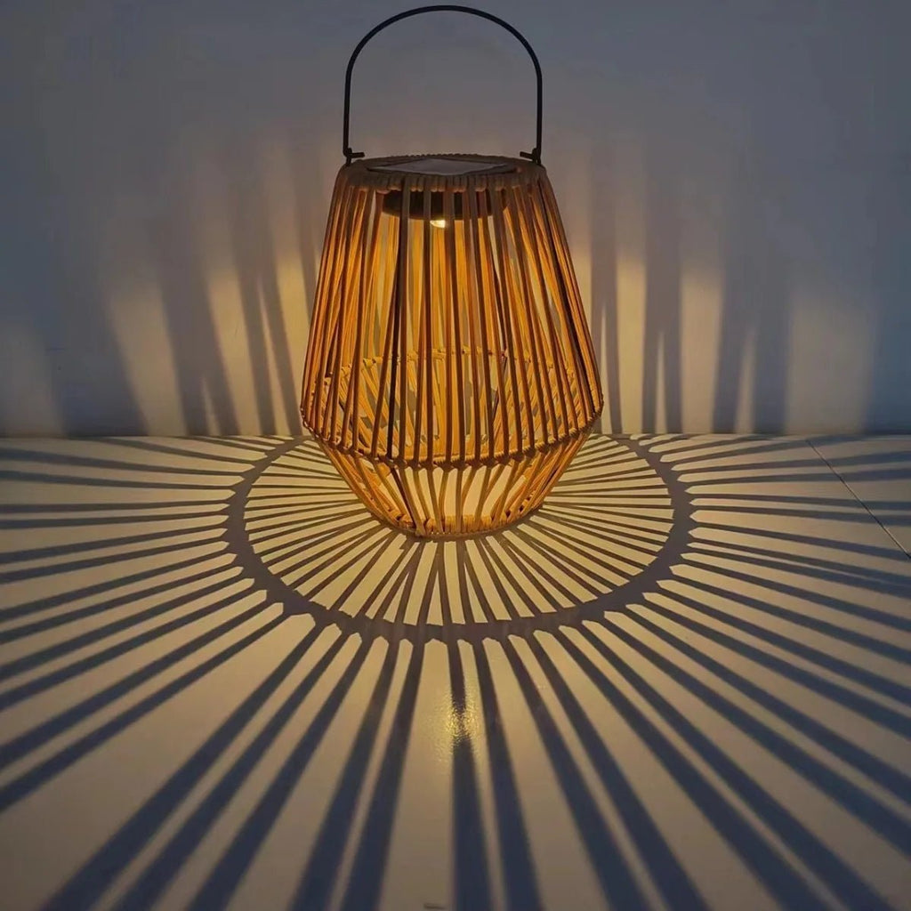 Woven Solar Lantern — Rustic Wicker-Look LED with Metal Accents, Dusk-to-Dawn, IP54