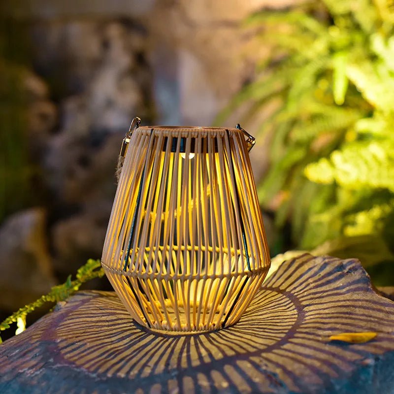 Woven Solar Lantern — Rustic Wicker-Look LED with Metal Accents, Dusk-to-Dawn, IP54