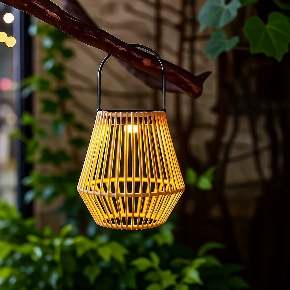 Woven Solar Lantern — Rustic Wicker-Look LED with Metal Accents, Dusk-to-Dawn, IP54