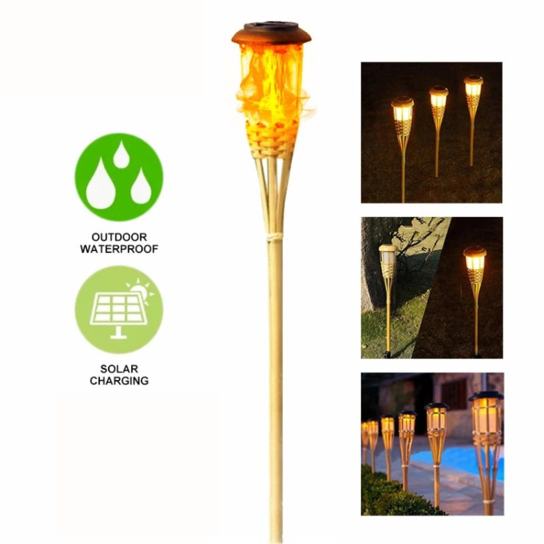 Solar Tiki Torches 5-Pack — 24" Flickering Flameless LED, Dusk-to-Dawn, IP65