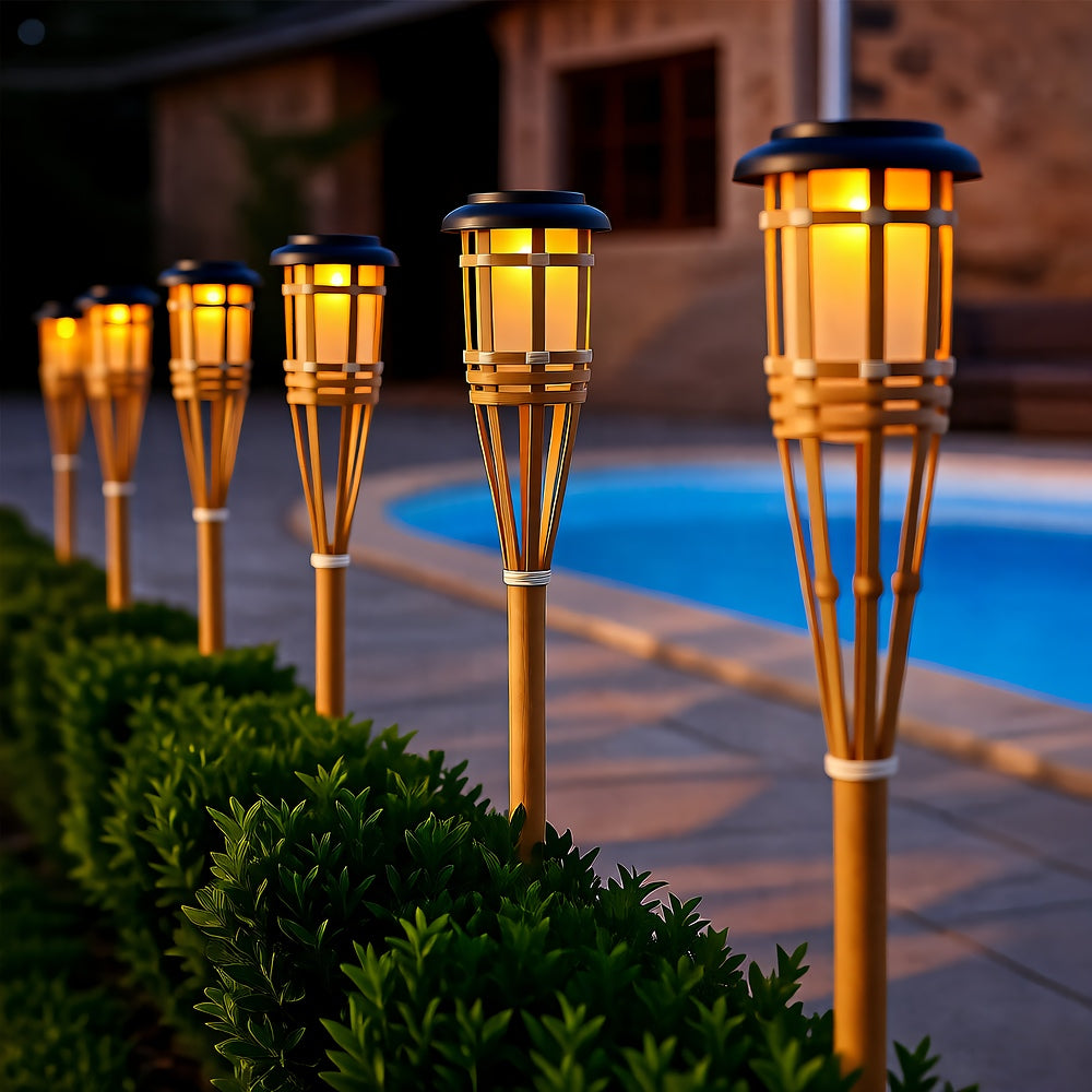 Solar Tiki Torches 5-Pack — 24" Flickering Flameless LED, Dusk-to-Dawn, IP65