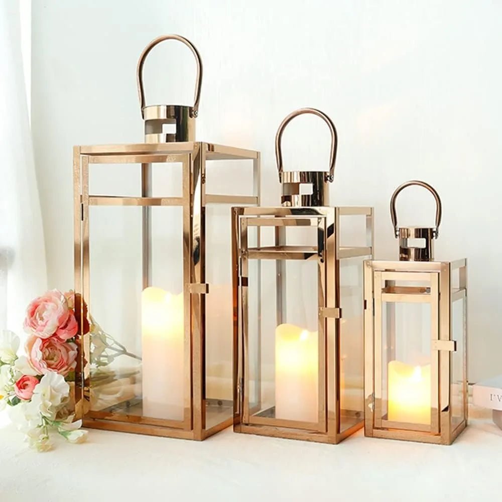 Candle Lanterns 3-Piece Set — Stainless Steel Frames with Tempered Glass, Outdoor