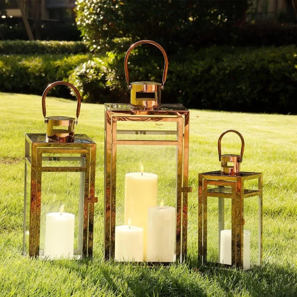 Candle Lanterns 3-Piece Set — Stainless Steel Frames with Tempered Glass, Outdoor
