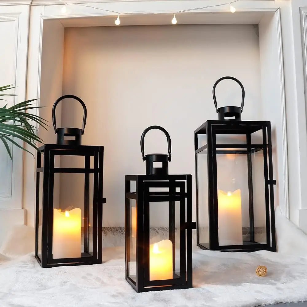 Candle Lanterns 3-Piece Set — Stainless Steel Frames with Tempered Glass, Outdoor