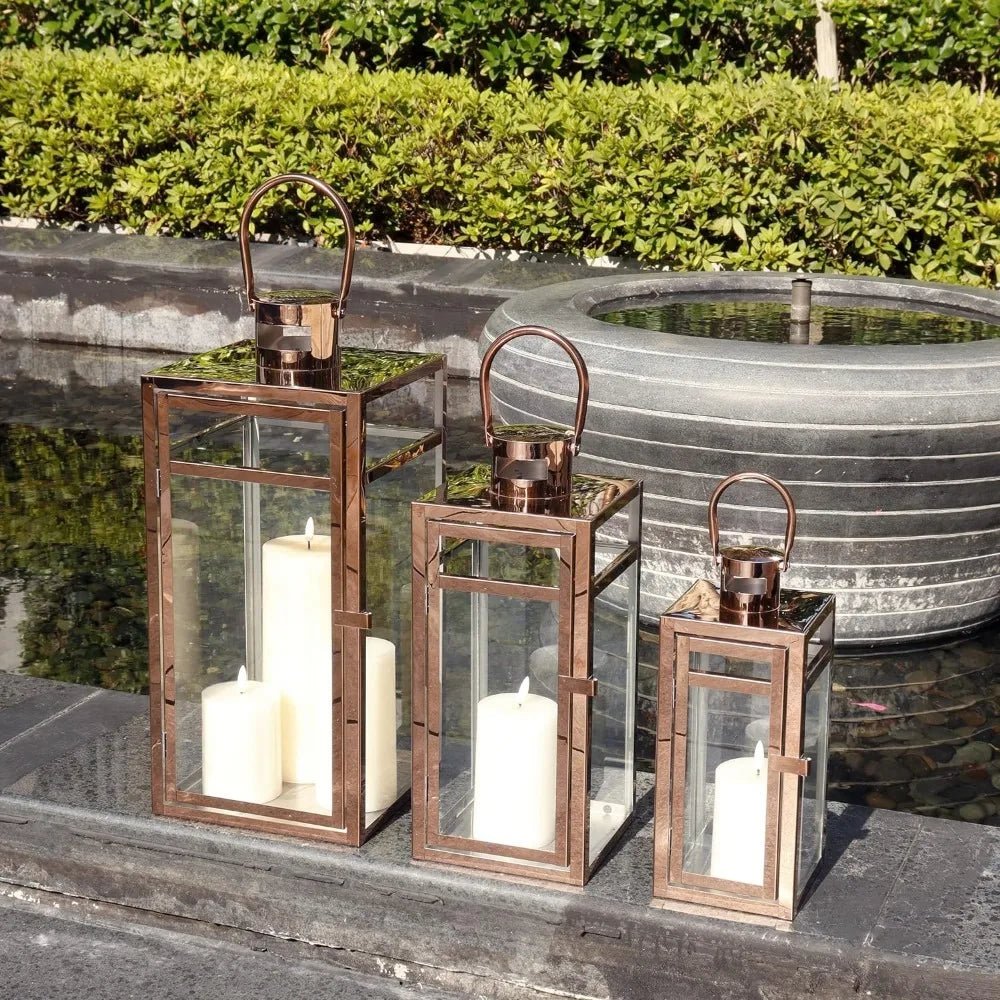 Candle Lanterns 3-Piece Set — Stainless Steel Frames with Tempered Glass, Outdoor