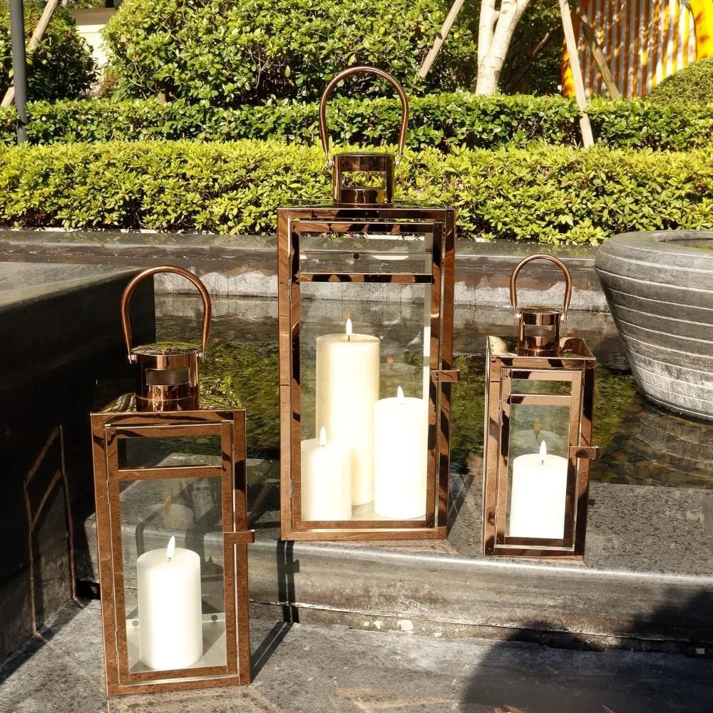 Candle Lanterns 3-Piece Set — Stainless Steel Frames with Tempered Glass, Outdoor