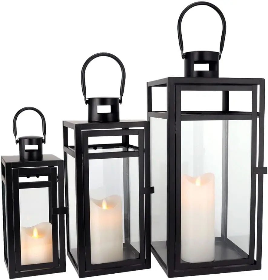 Candle Lanterns 3-Piece Set — Stainless Steel Frames with Tempered Glass, Outdoor