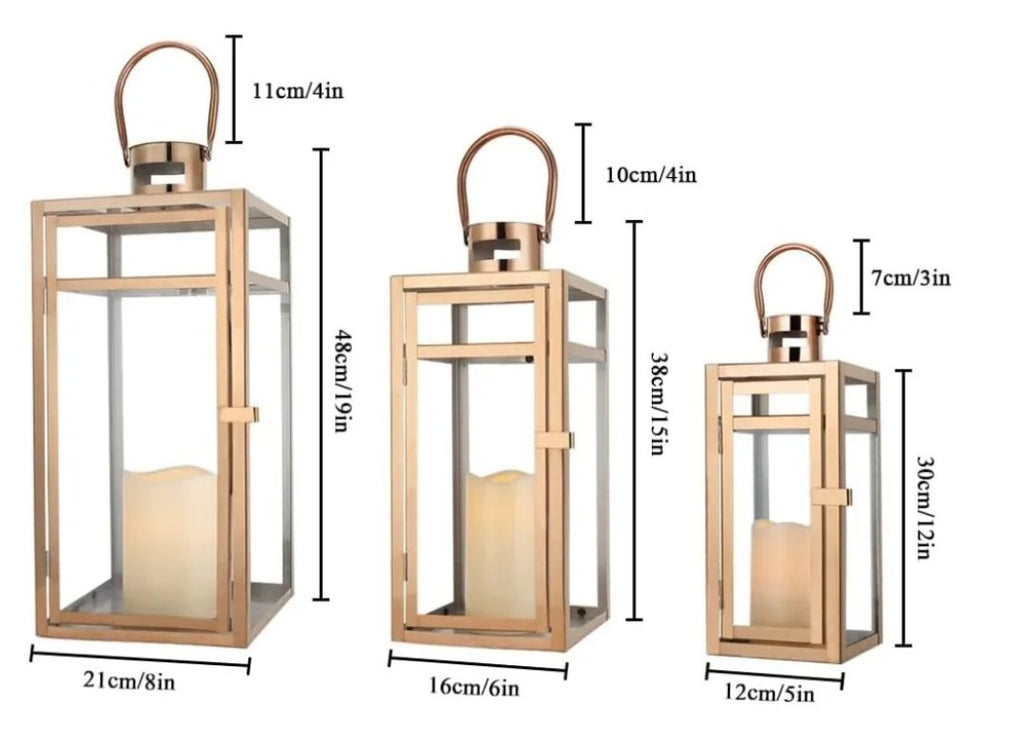 Candle Lanterns 3-Piece Set — Stainless Steel Frames with Tempered Glass, Outdoor