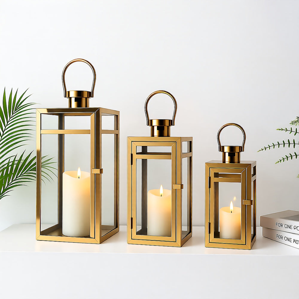 Candle Lanterns 3-Piece Set — Stainless Steel Frames with Tempered Glass, Outdoor