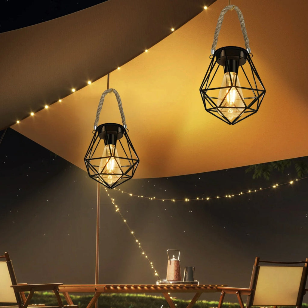 Solar Geometric Lantern — 6" Vintage Metal with Hemp Rope Handle, Dusk-to-Dawn, IP65