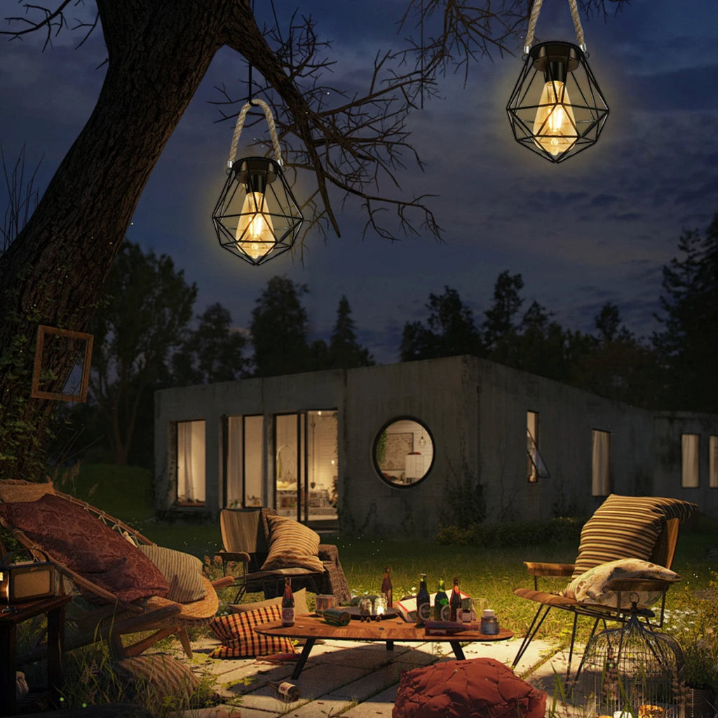 Solar Geometric Lantern — 6" Vintage Metal with Hemp Rope Handle, Dusk-to-Dawn, IP65