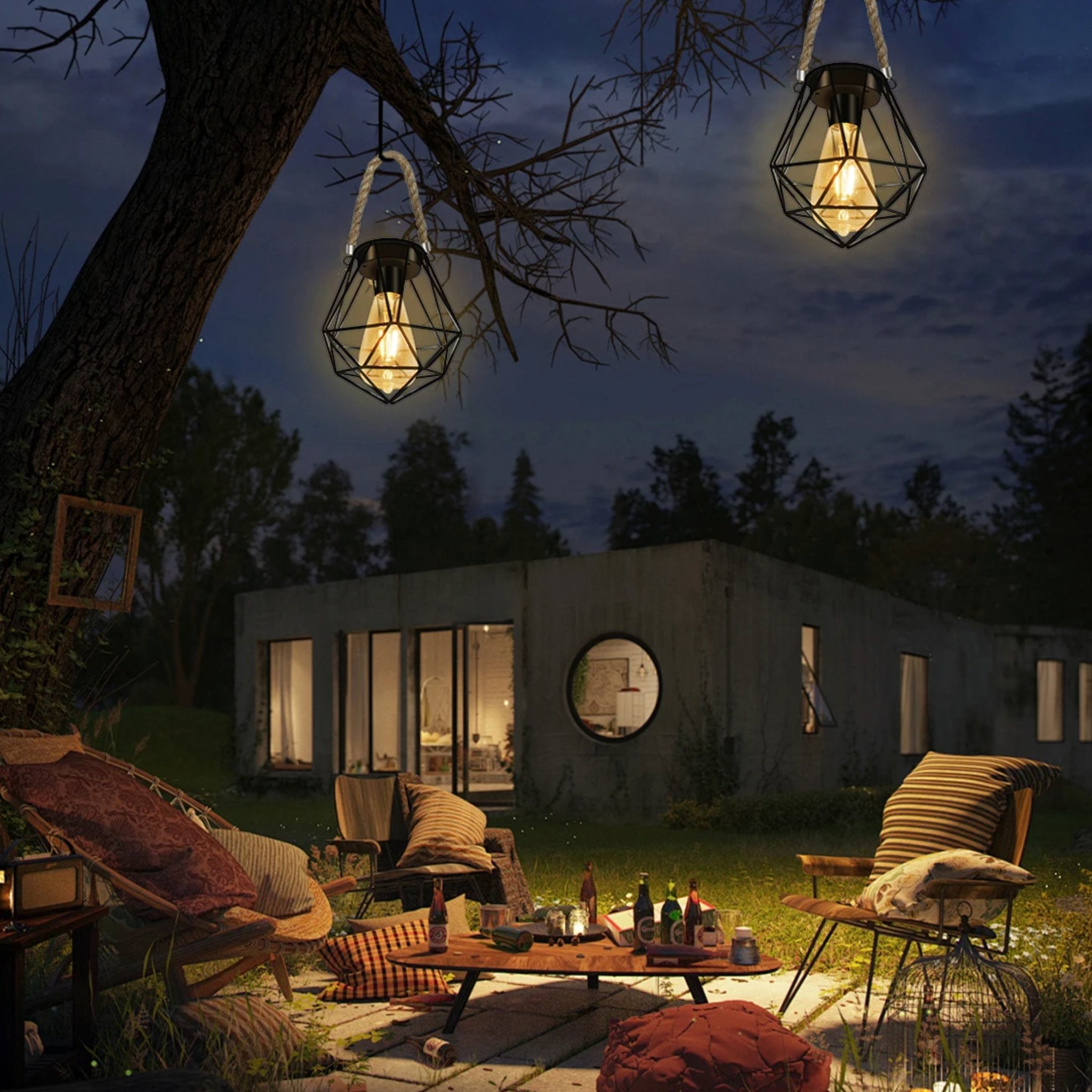 Solar Geometric Lantern — 6" Vintage Metal with Hemp Rope Handle, Dusk-to-Dawn, IP65