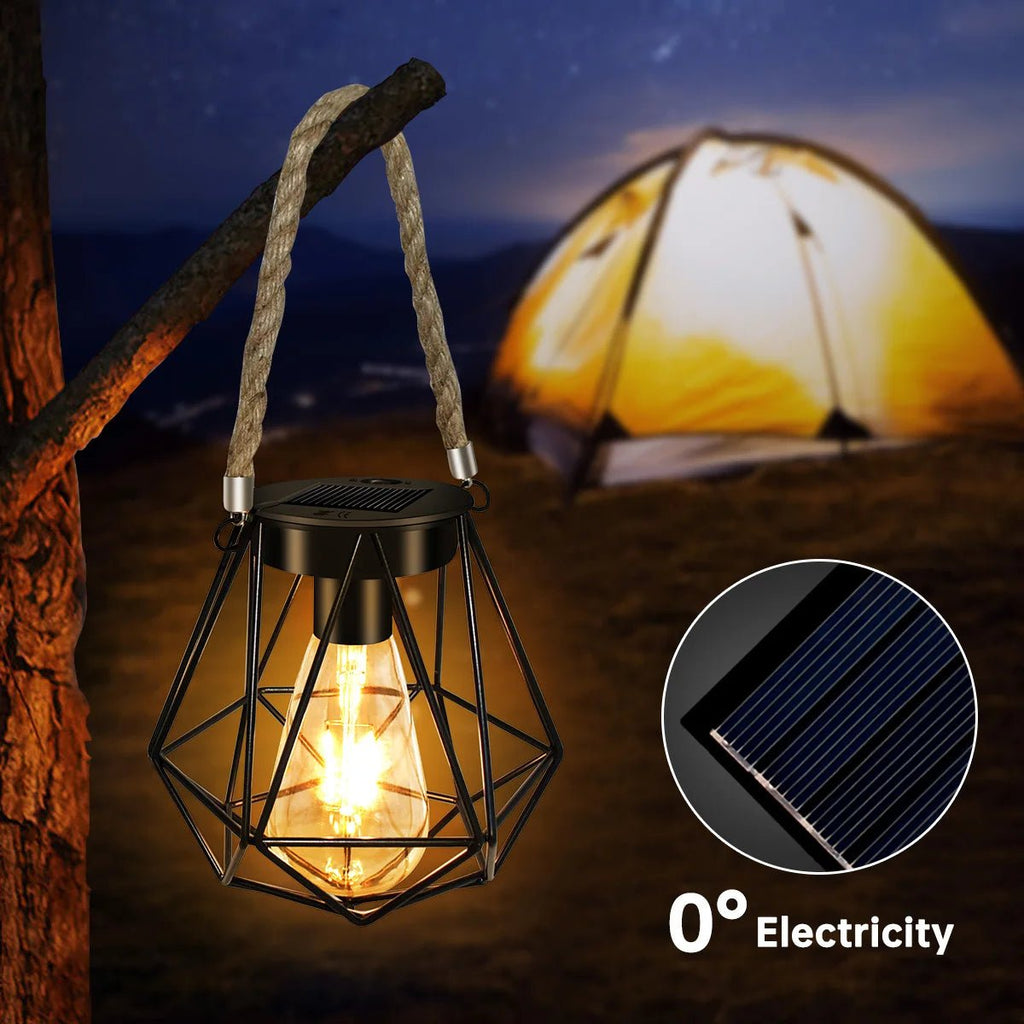 Solar Geometric Lantern — 6" Vintage Metal with Hemp Rope Handle, Dusk-to-Dawn, IP65