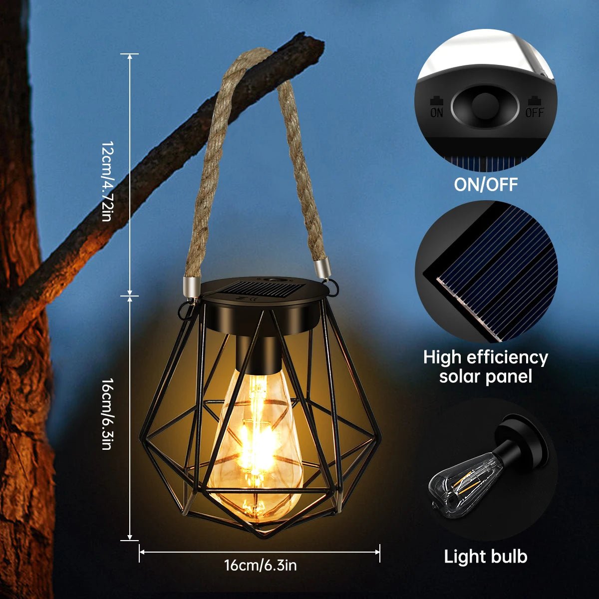 Solar Geometric Lantern — 6" Vintage Metal with Hemp Rope Handle, Dusk-to-Dawn, IP65