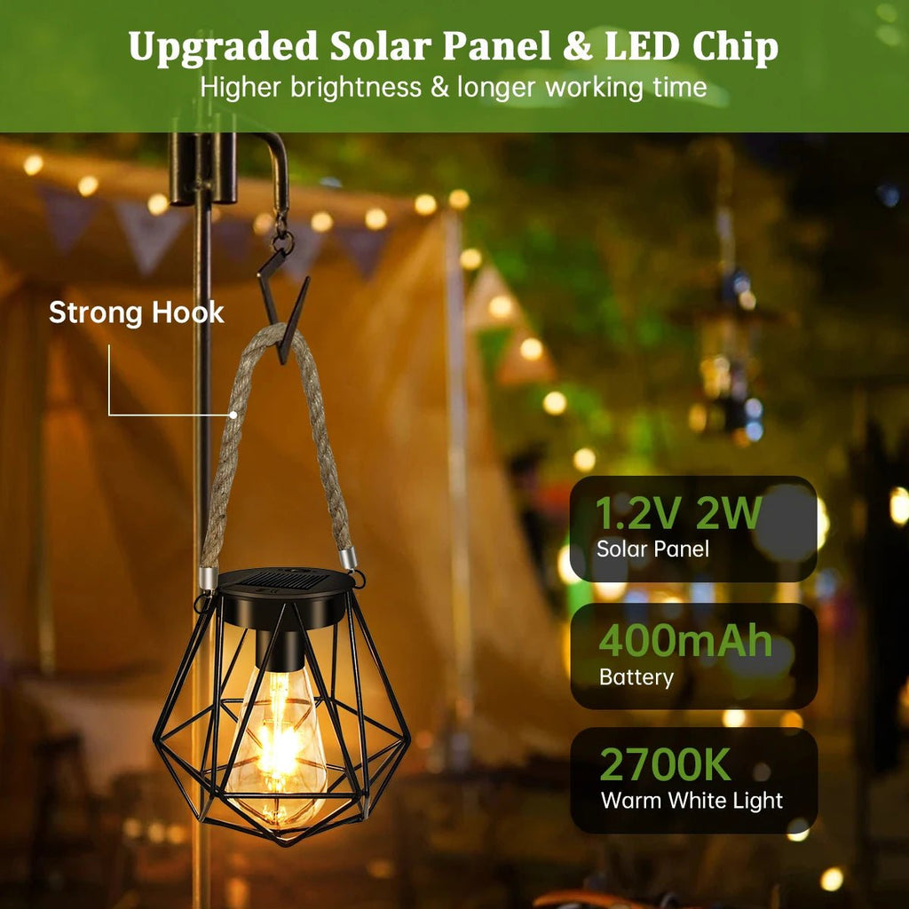 Solar Geometric Lantern — 6" Vintage Metal with Hemp Rope Handle, Dusk-to-Dawn, IP65