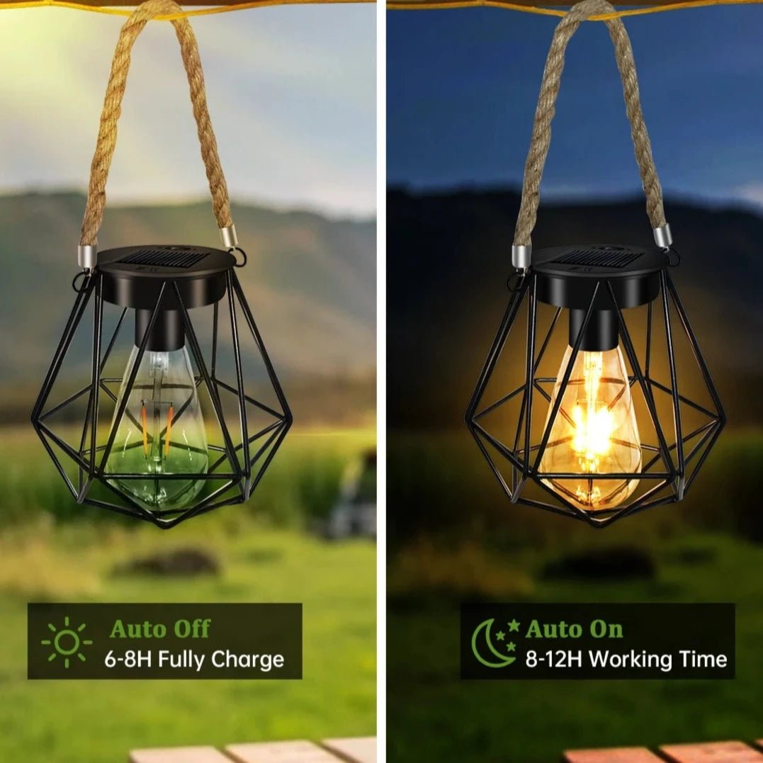 Solar Geometric Lantern — 6" Vintage Metal with Hemp Rope Handle, Dusk-to-Dawn, IP65