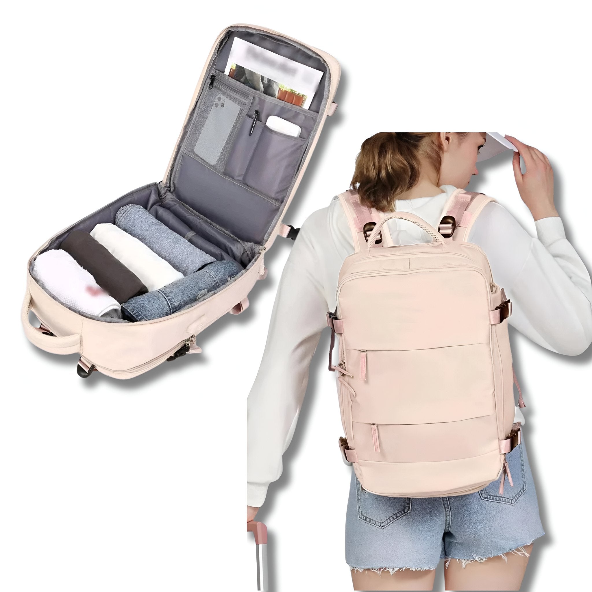 Travel Backpack with USB Port & Shoe Compartment — Luggage Strap, Organized Storage