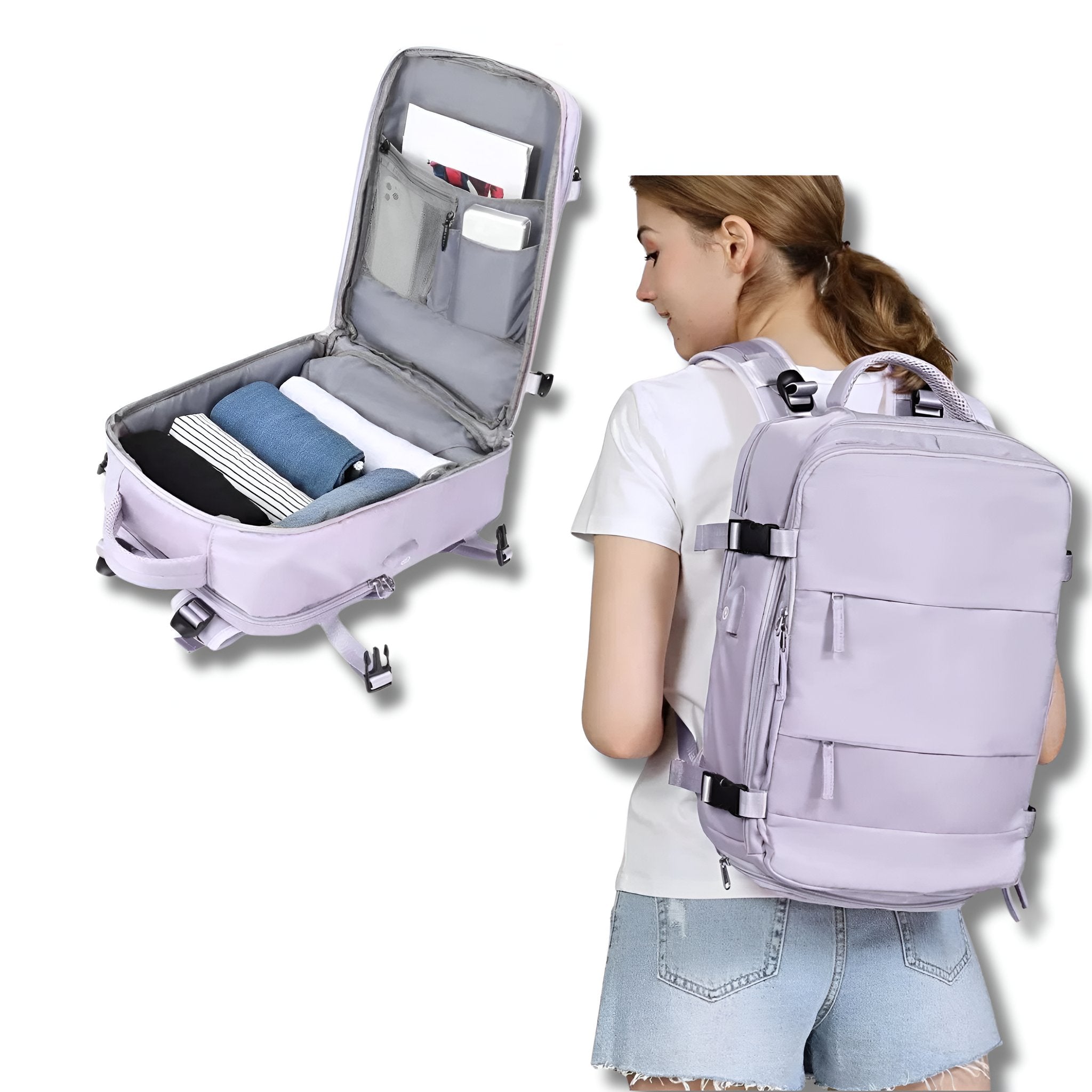 Travel Backpack with USB Port & Shoe Compartment — Luggage Strap, Organized Storage