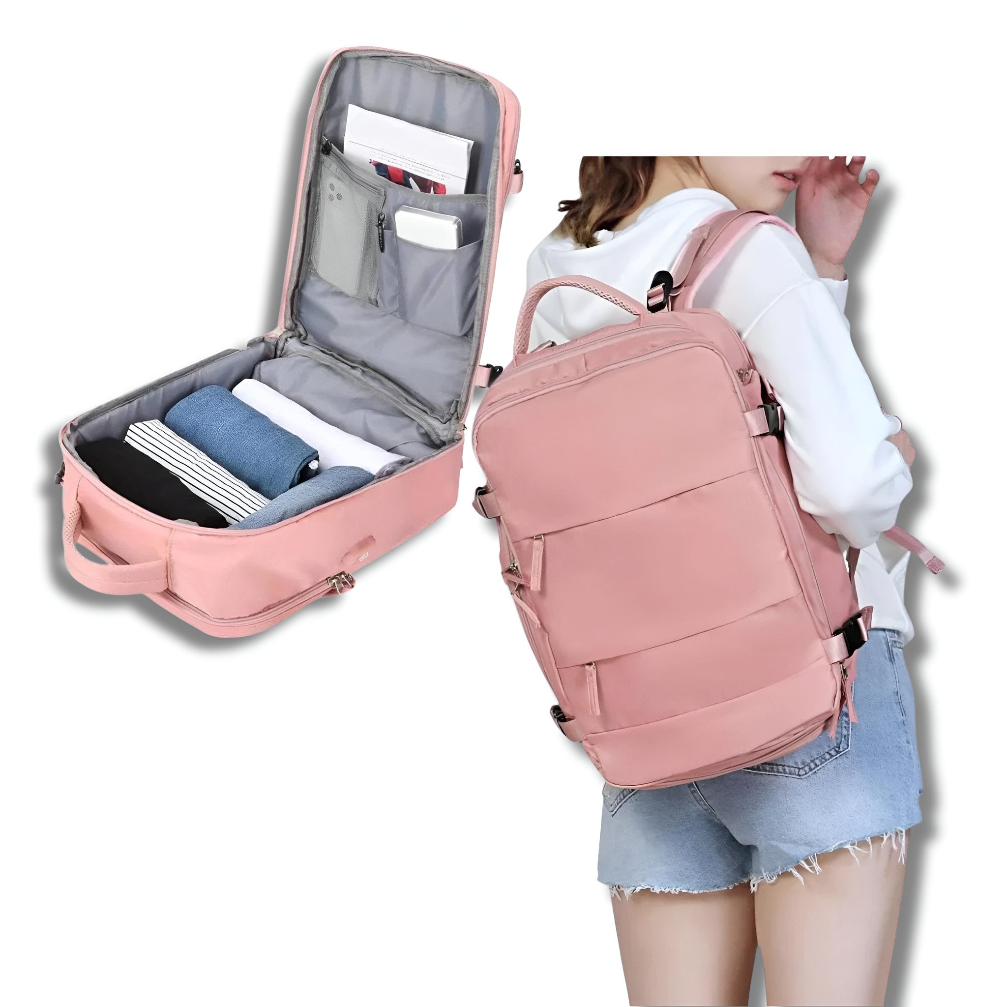 Travel Backpack with USB Port & Shoe Compartment — Luggage Strap, Organized Storage