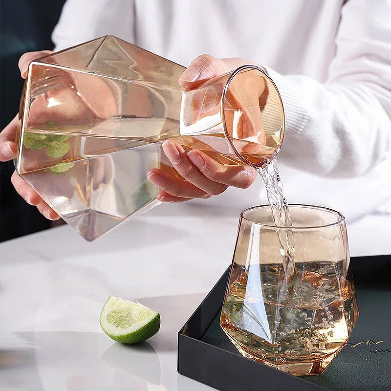 Diamond-Cut Glass Drinkware Set — 5-Piece Jug & Rock Glasses with Beechwood Stopper