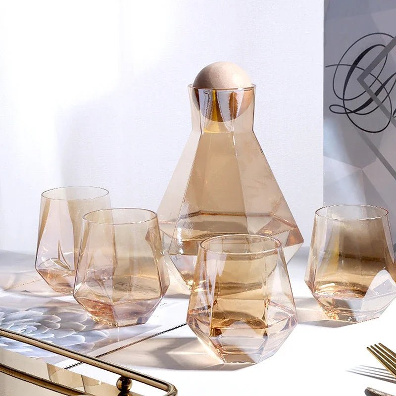 Diamond-Cut Glass Drinkware Set — 5-Piece Jug & Rock Glasses with Beechwood Stopper
