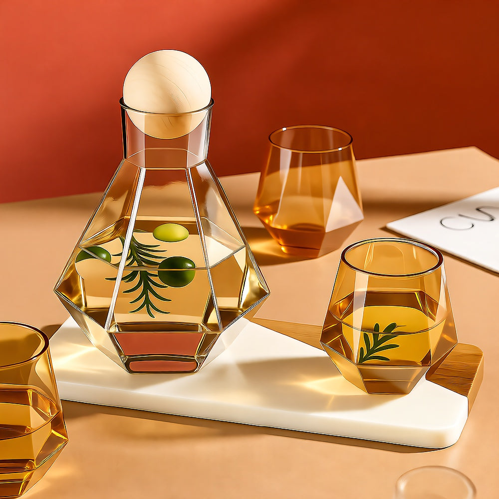 Diamond-Cut Glass Drinkware Set — 5-Piece Jug & Rock Glasses with Beechwood Stopper