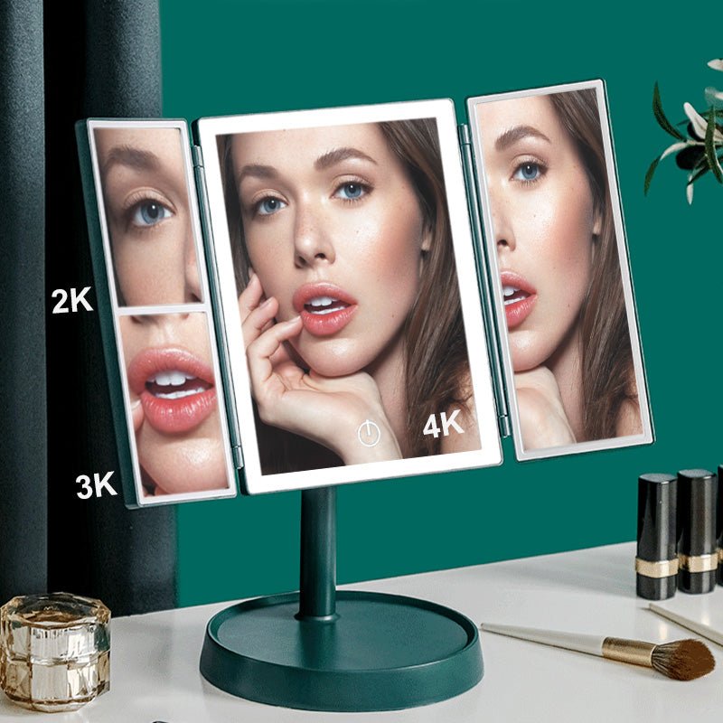Foldable LED Makeup Mirror — Tri-Color Dimmable Lighting, 2x/3x Magnification, USB Rechargeable