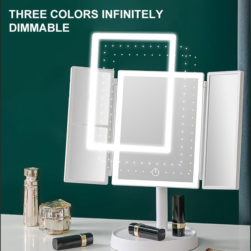 Foldable LED Makeup Mirror — Tri-Color Dimmable Lighting, 2x/3x Magnification, USB Rechargeable