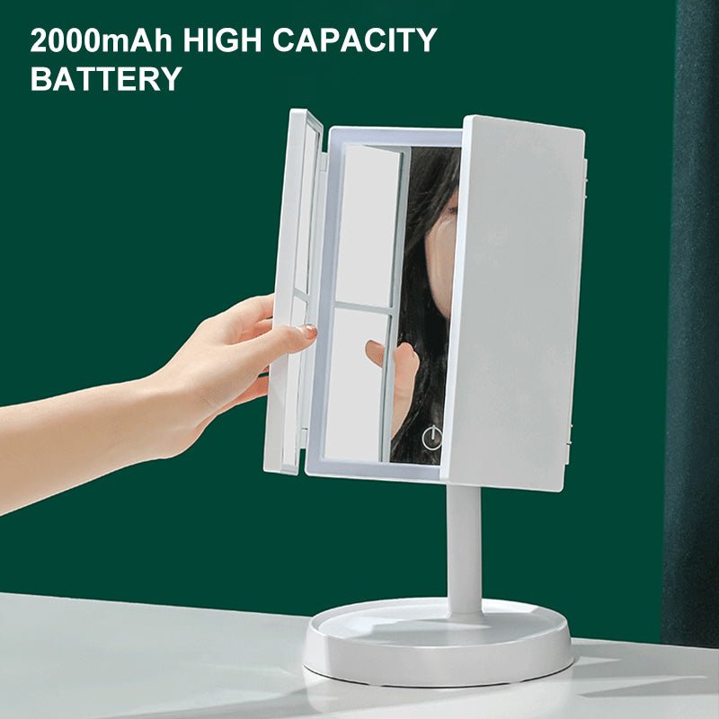 Foldable LED Makeup Mirror — Tri-Color Dimmable Lighting, 2x/3x Magnification, USB Rechargeable