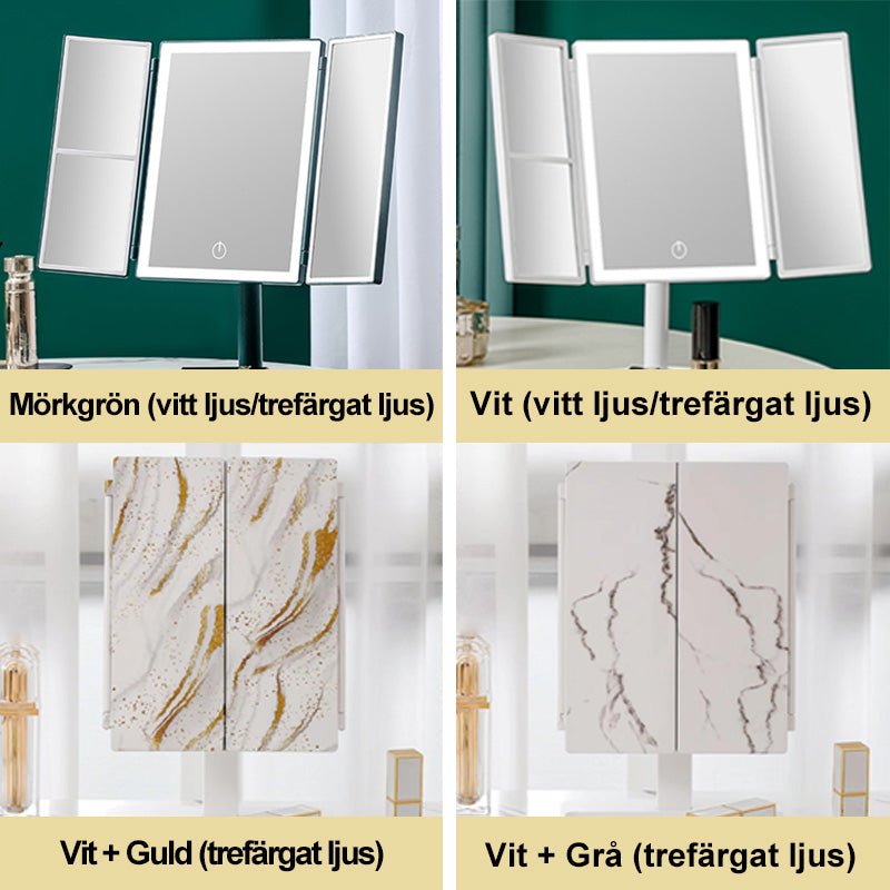 Foldable LED Makeup Mirror — Tri-Color Dimmable Lighting, 2x/3x Magnification, USB Rechargeable