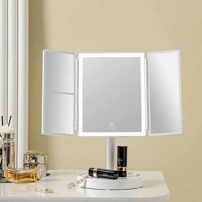 Foldable LED Makeup Mirror — Tri-Color Dimmable Lighting, 2x/3x Magnification, USB Rechargeable