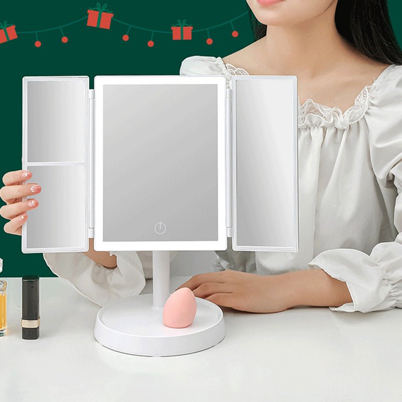 Foldable LED Makeup Mirror — Tri-Color Dimmable Lighting, 2x/3x Magnification, USB Rechargeable