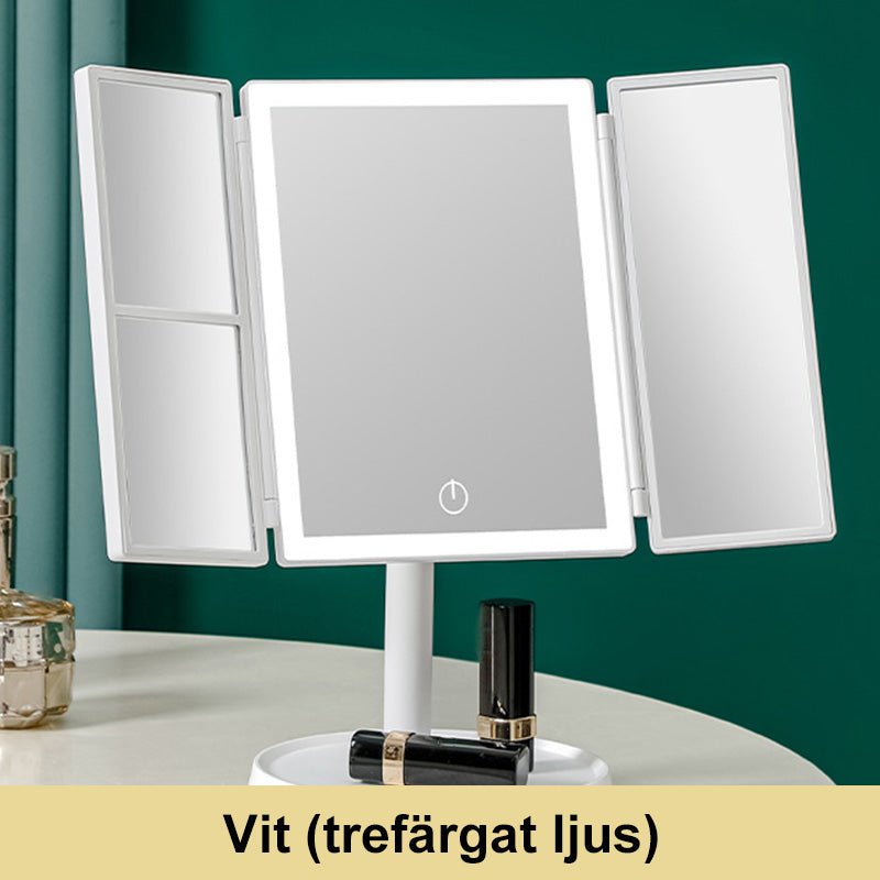 Foldable LED Makeup Mirror — Tri-Color Dimmable Lighting, 2x/3x Magnification, USB Rechargeable